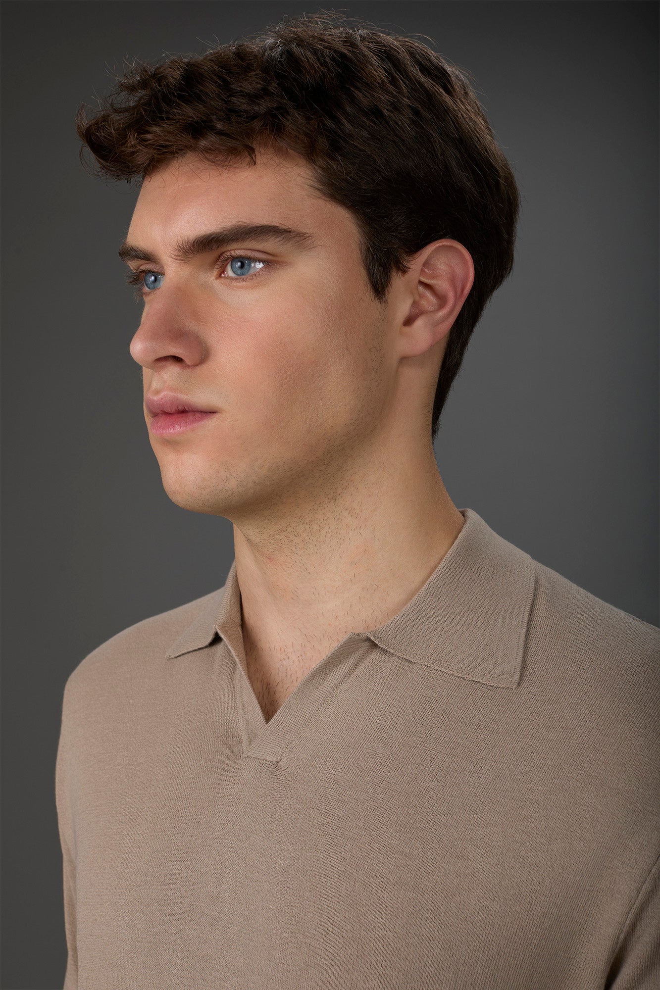 Men's 100% cotton crepe short-sleeved knitted polo shirt with derby collar