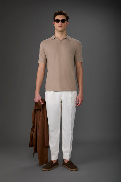 Men's 100% cotton crepe short-sleeved knitted polo shirt with derby collar Sand