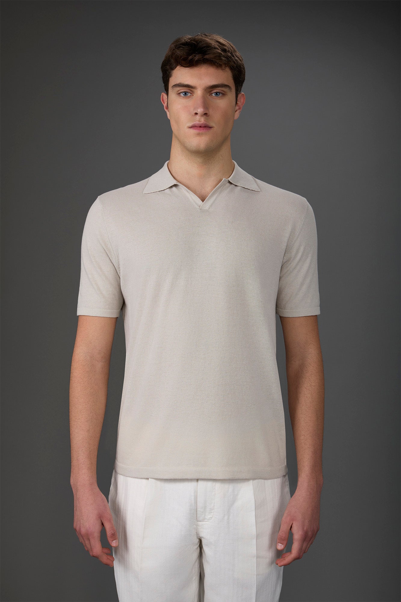Men's 100% cotton crepe short-sleeved knitted polo shirt with derby collar