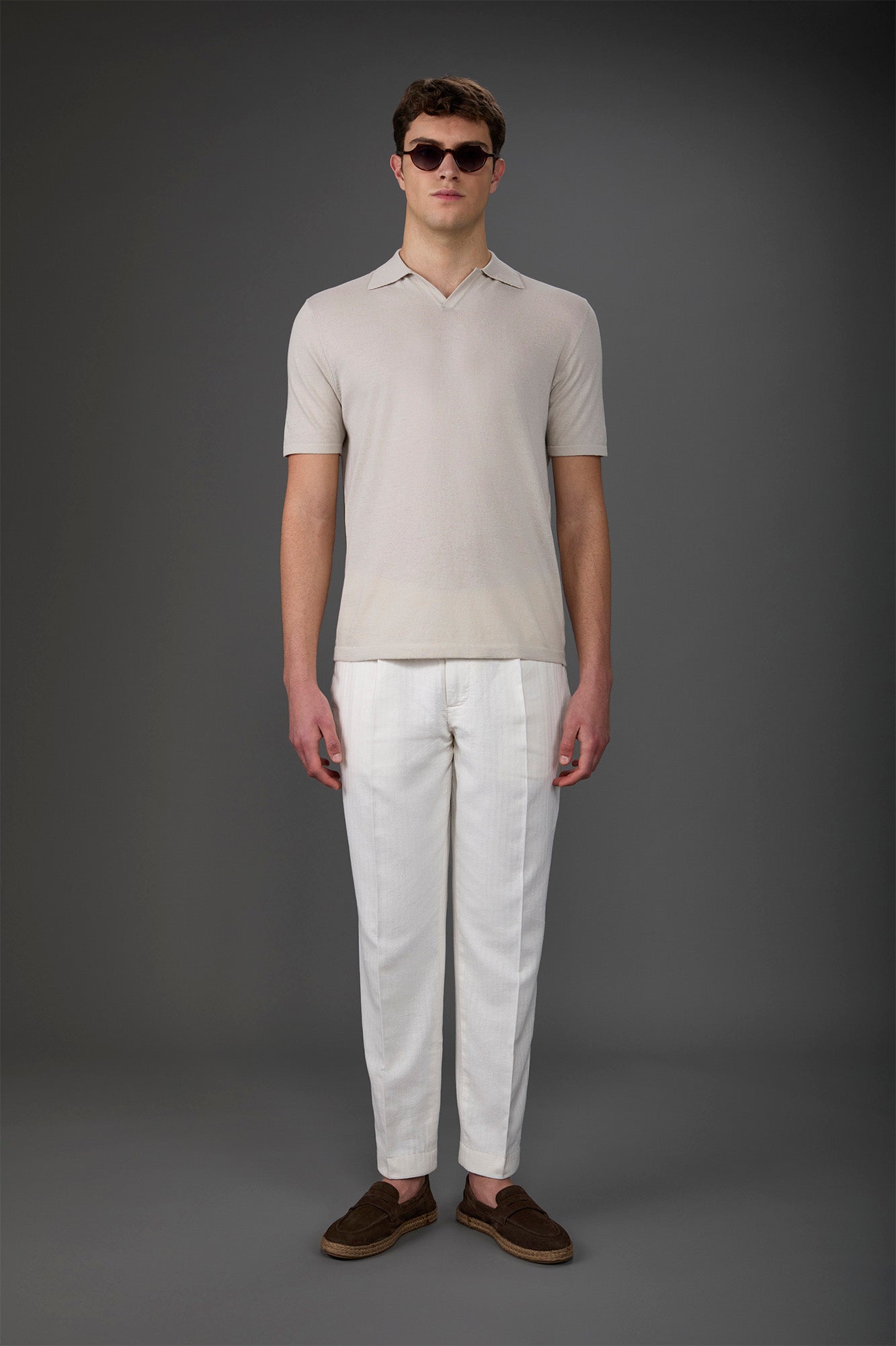 Men's 100% cotton crepe short-sleeved knitted polo shirt with derby collar