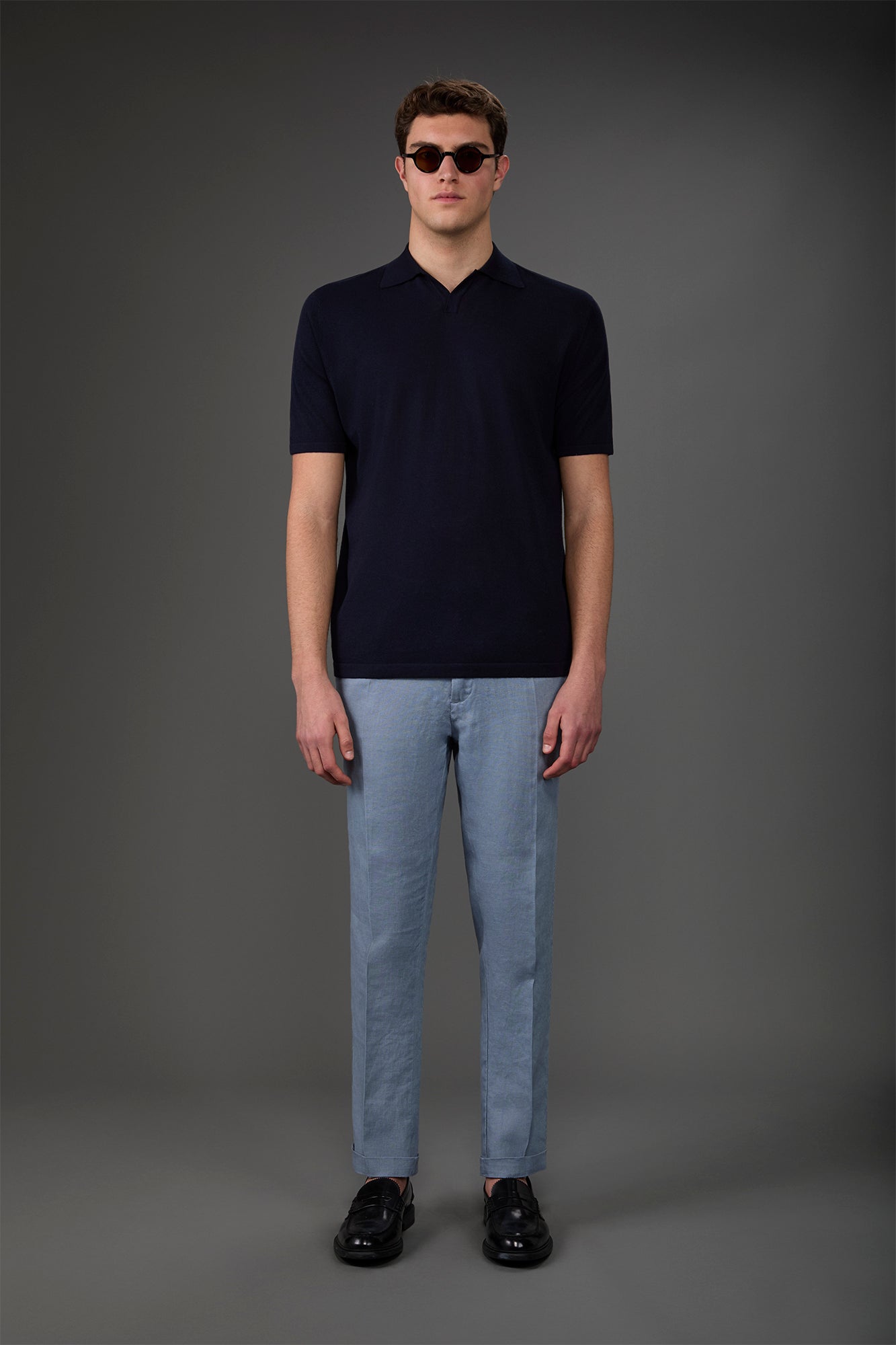 Men's 100% cotton crepe short-sleeved knitted polo shirt with derby collar