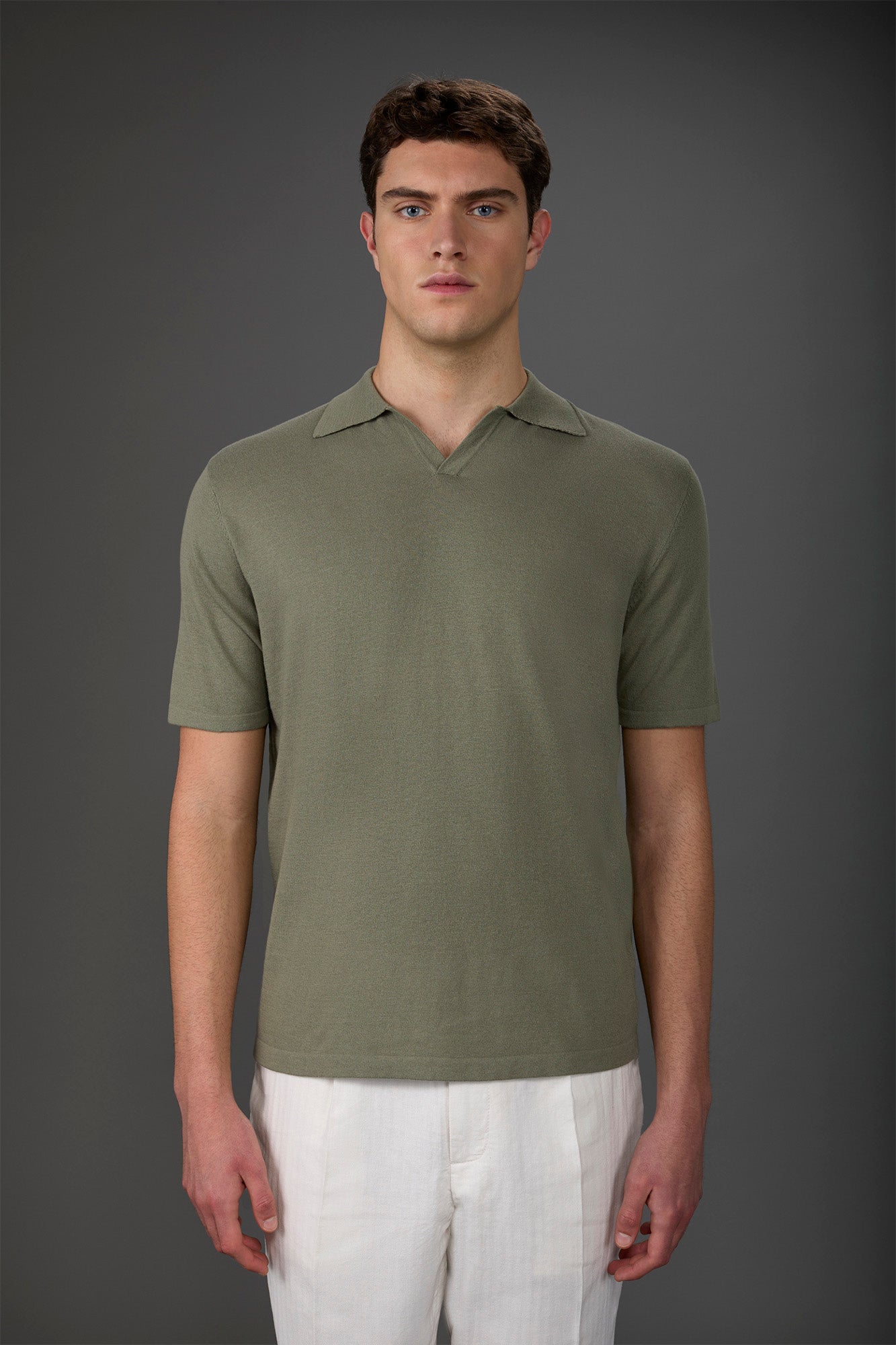 Men's 100% cotton crepe short-sleeved knitted polo shirt with derby collar