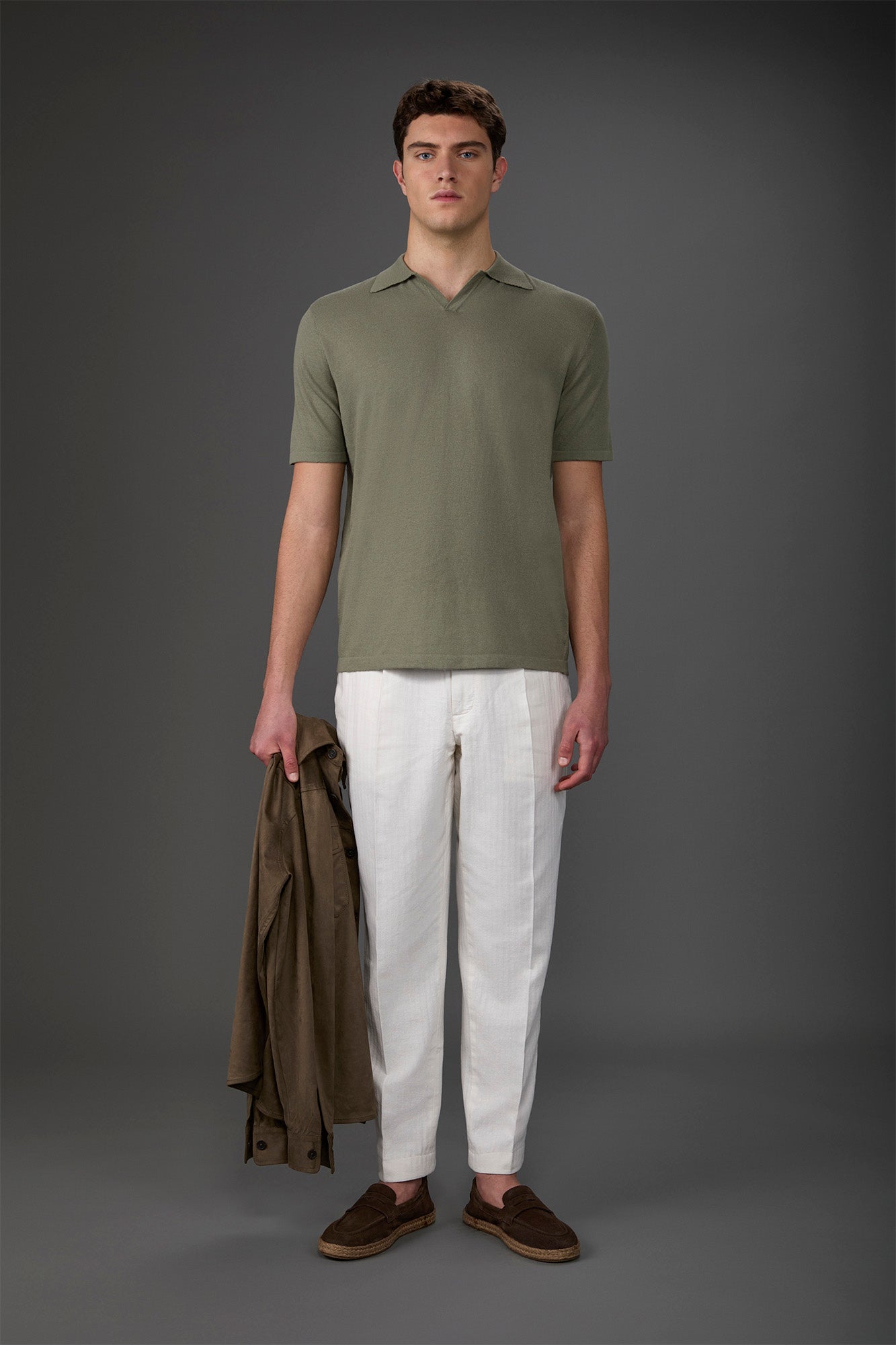 Men's 100% cotton crepe short-sleeved knitted polo shirt with derby collar Sage Green