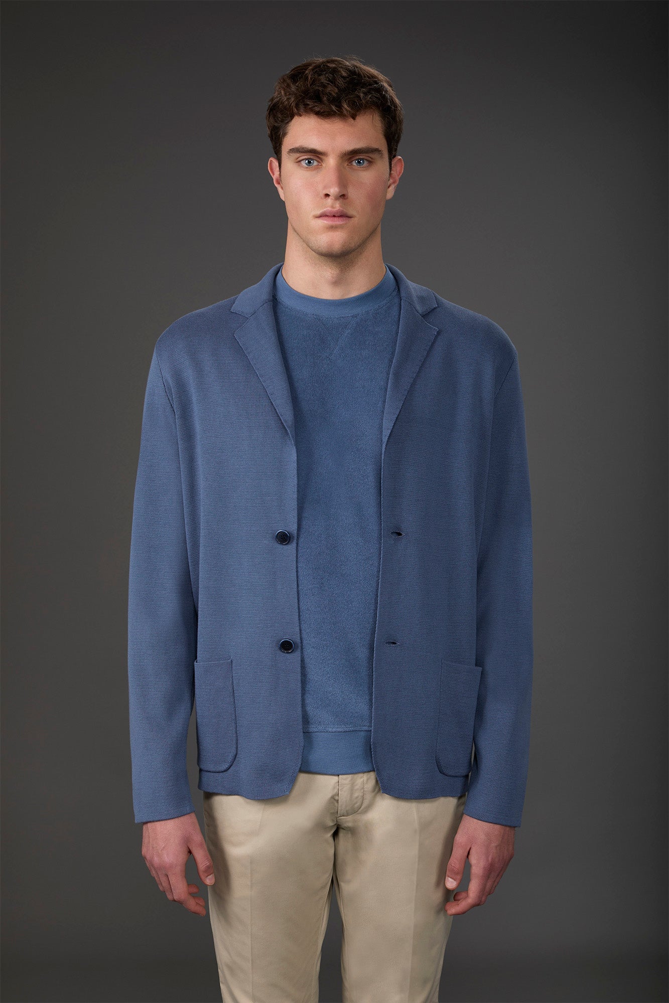 Men's cardigan with patch pockets, 100% cotton milano rib knit Cerulean