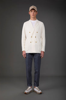 Men's double-breasted cardigan with patch pockets, 100% cotton milano rib knit