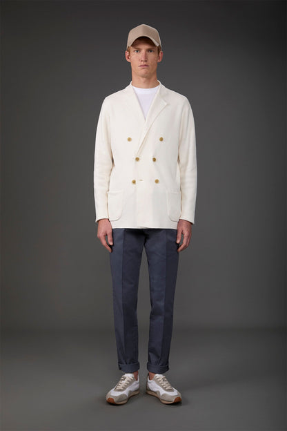 Men's double-breasted cardigan with patch pockets, 100% cotton milano rib knit