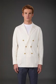 Men's double-breasted cardigan with patch pockets, 100% cotton milano rib knit Off White
