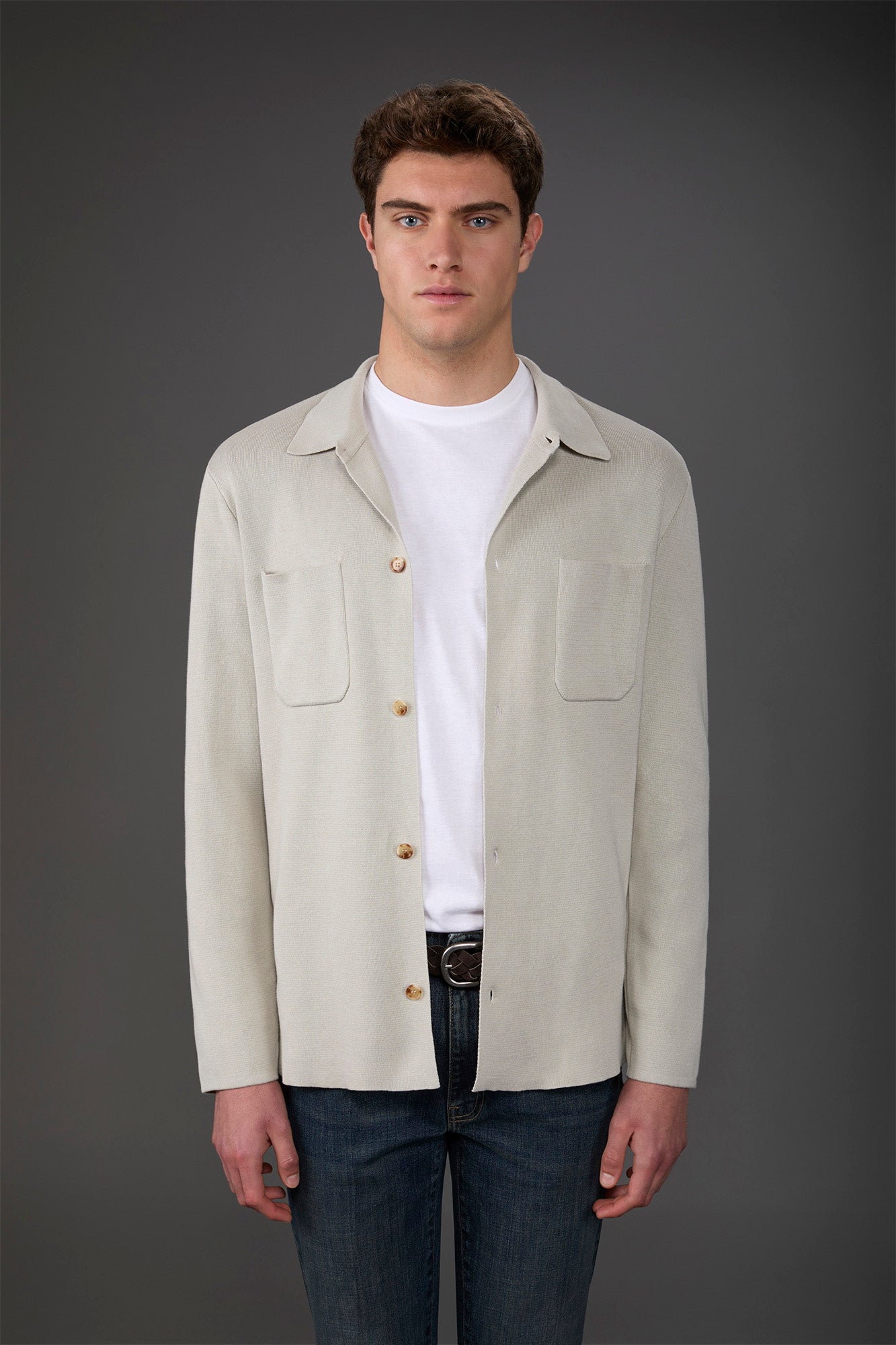 Men's shirt jacket with patch pockets, 100% cotton milano rib knit