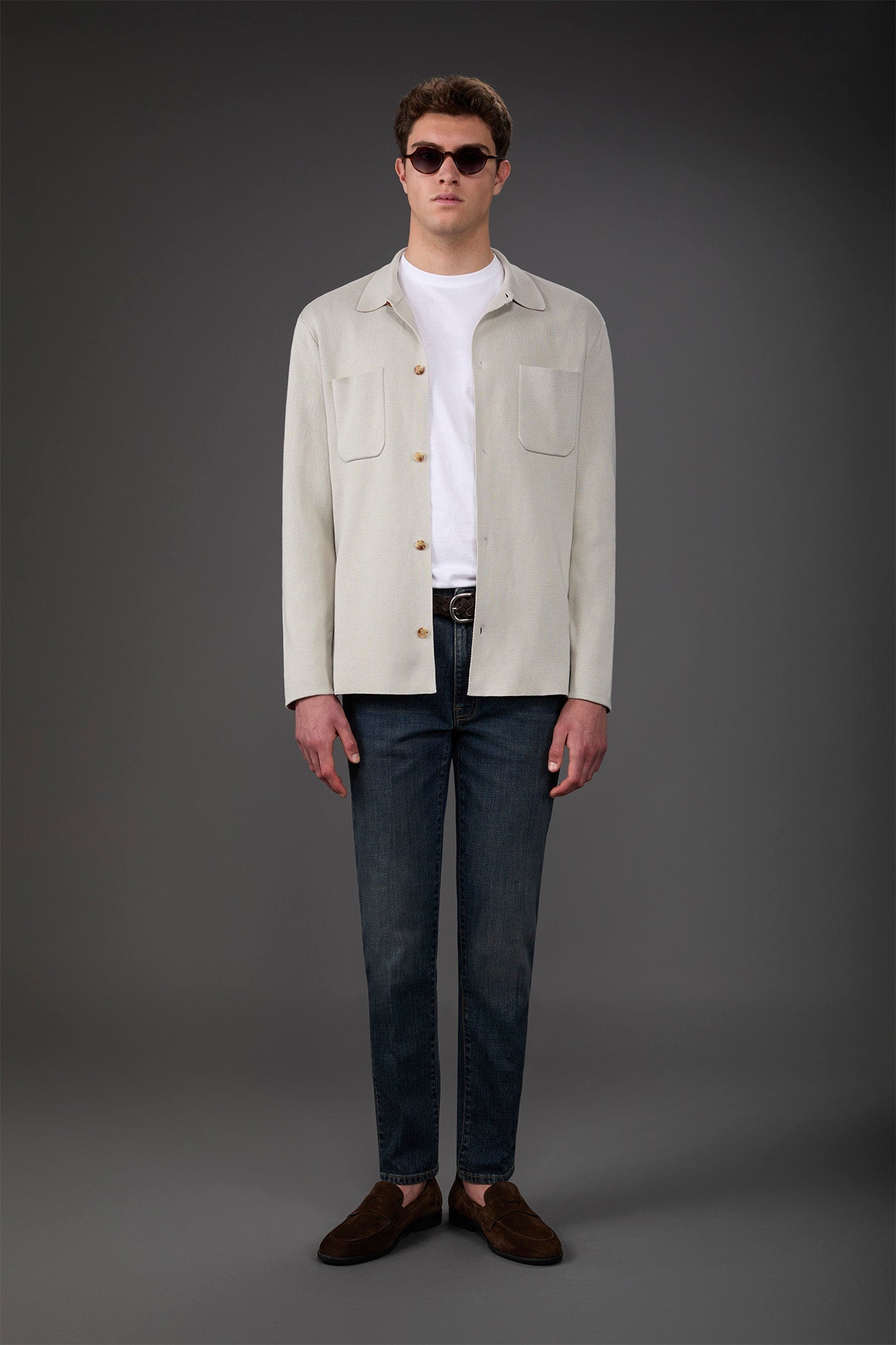 Men's shirt jacket with patch pockets, 100% cotton milano rib knit Ice