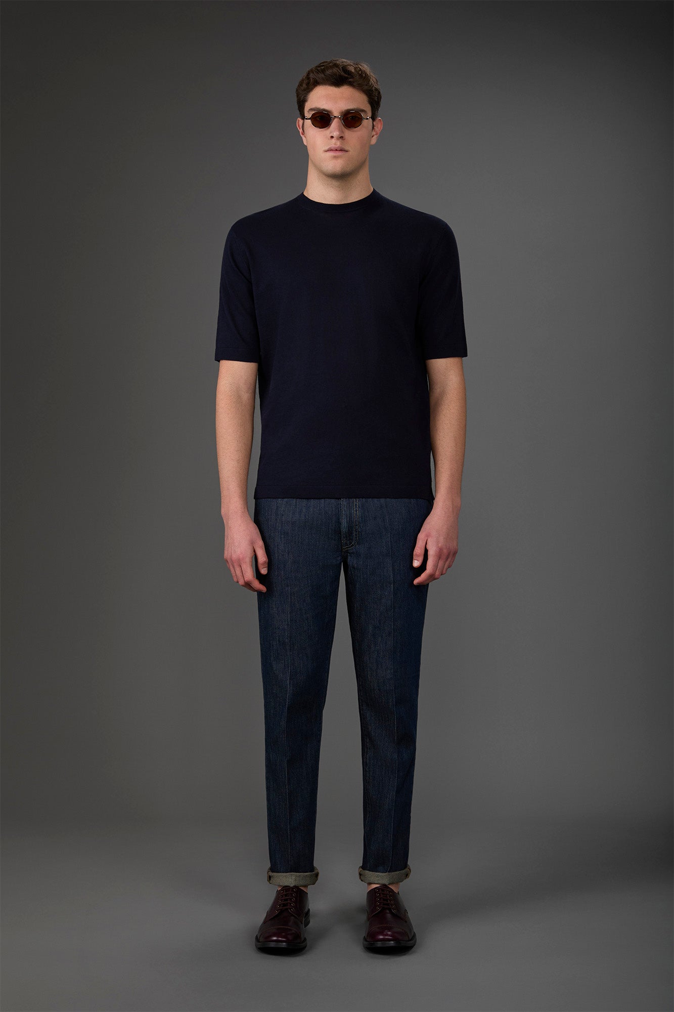 Men's 100% cotton crepe knitted T-Shirt with short sleeves. Blue Navy