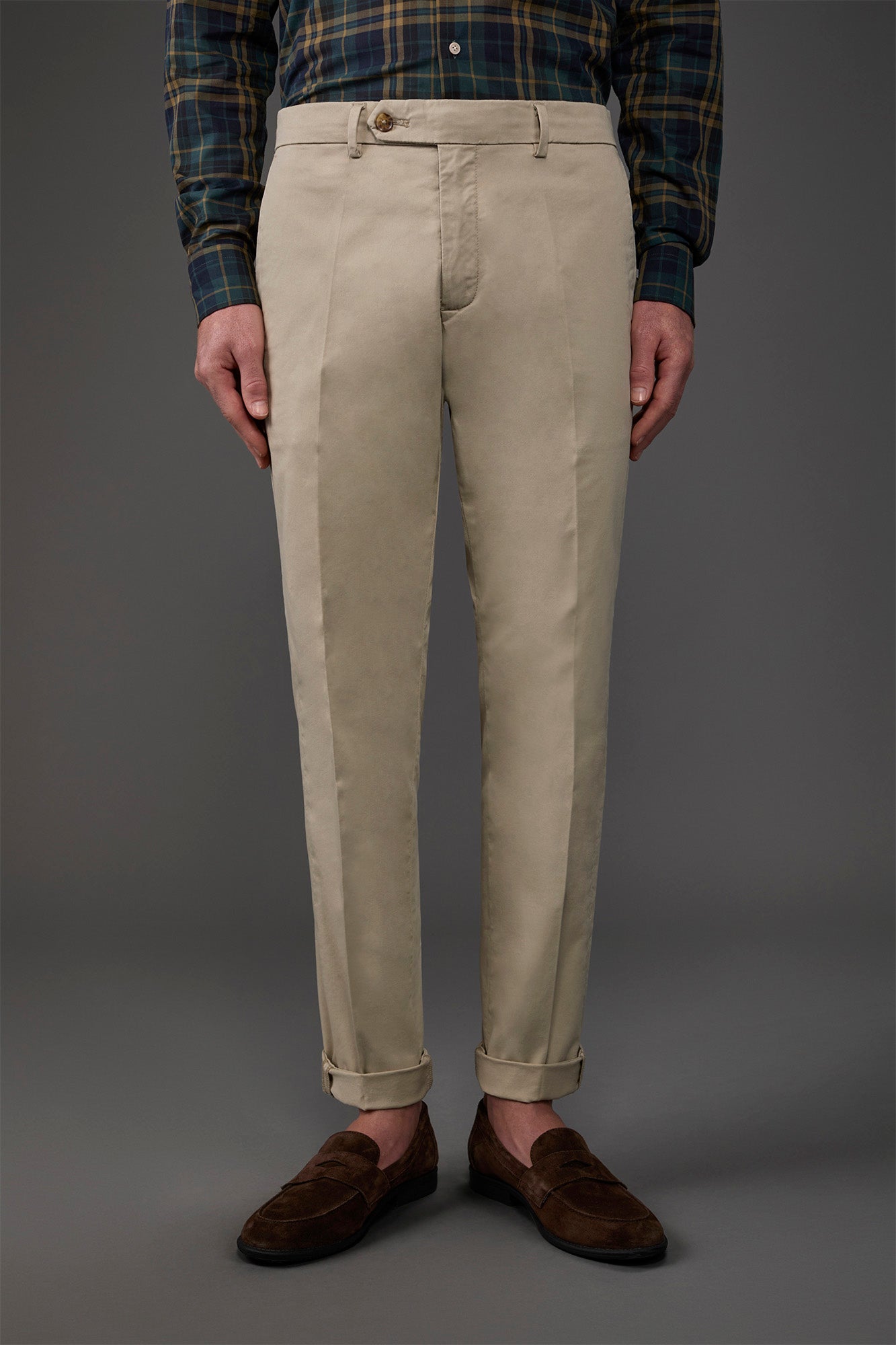 Men's classic chino trousers with extended tab closure