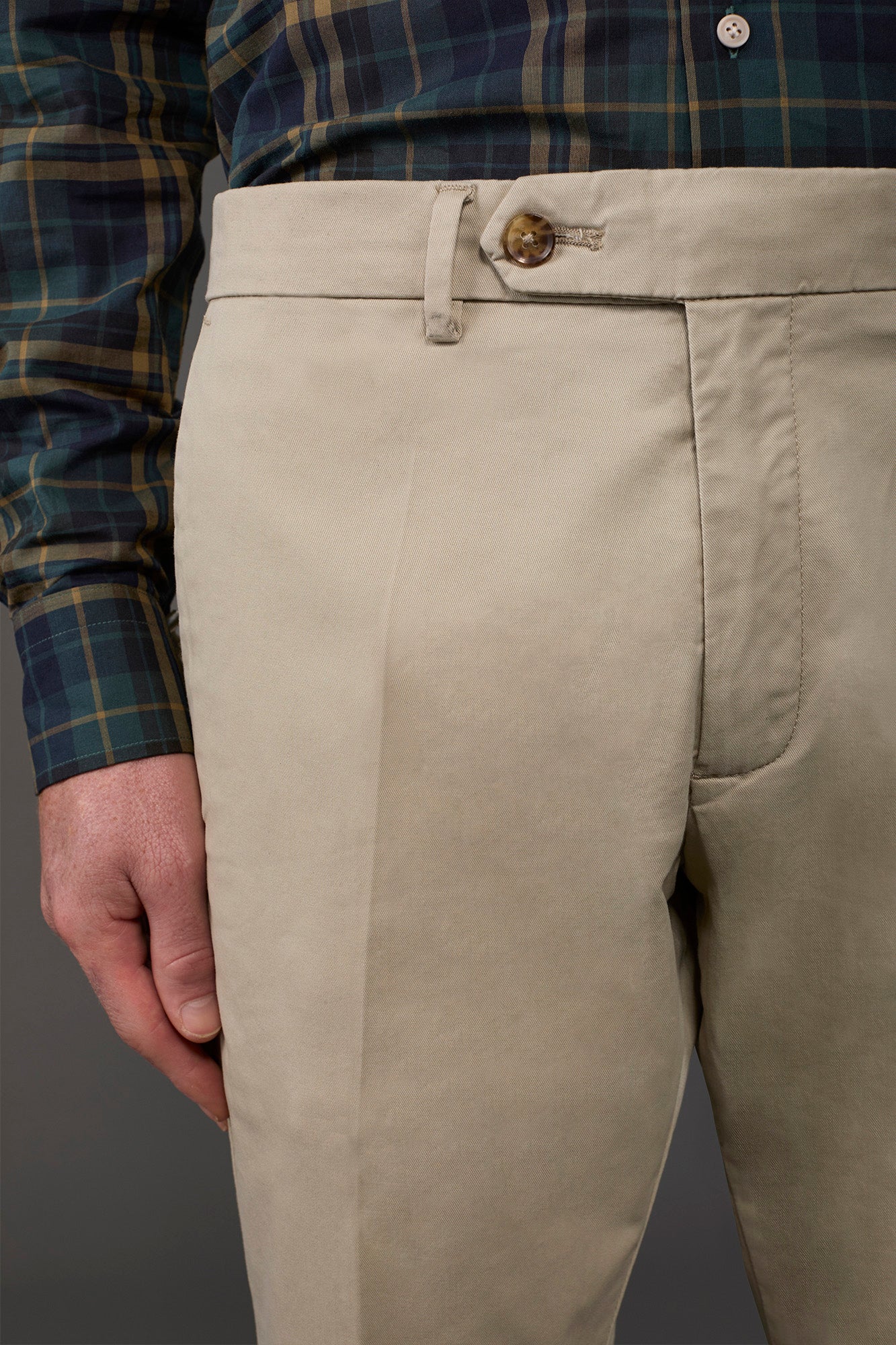 Men's classic chino trousers with extended tab closure