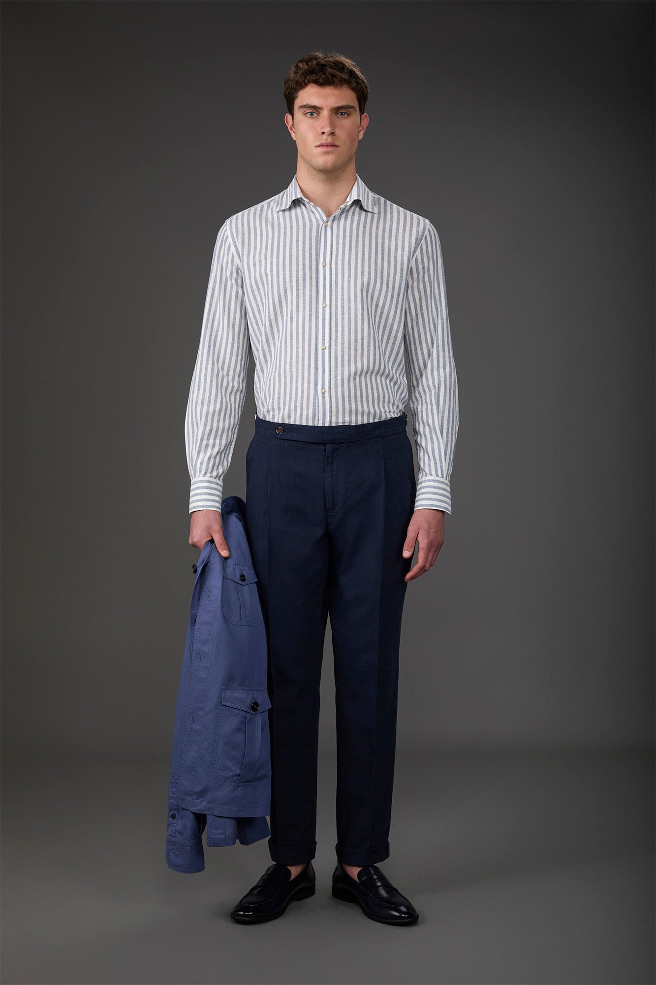 Men's trousers with double pleats and side buckles Blue