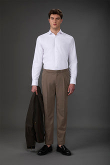 Men's trousers with double pleats and side buckles Beige