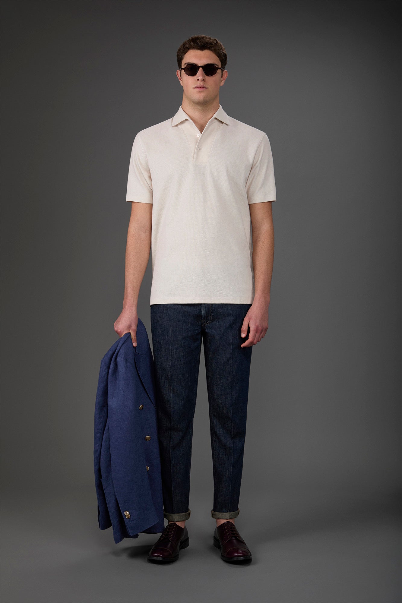 Men's short-sleeved polo shirt in honeycomb pure cotton