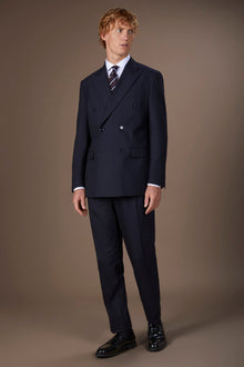 Men's regular fit double-breasted suit featuring a jacket with peak lapels in dobby fabric