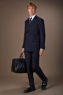 Men's regular fit double-breasted suit featuring a jacket with peak lapels in dobby fabric