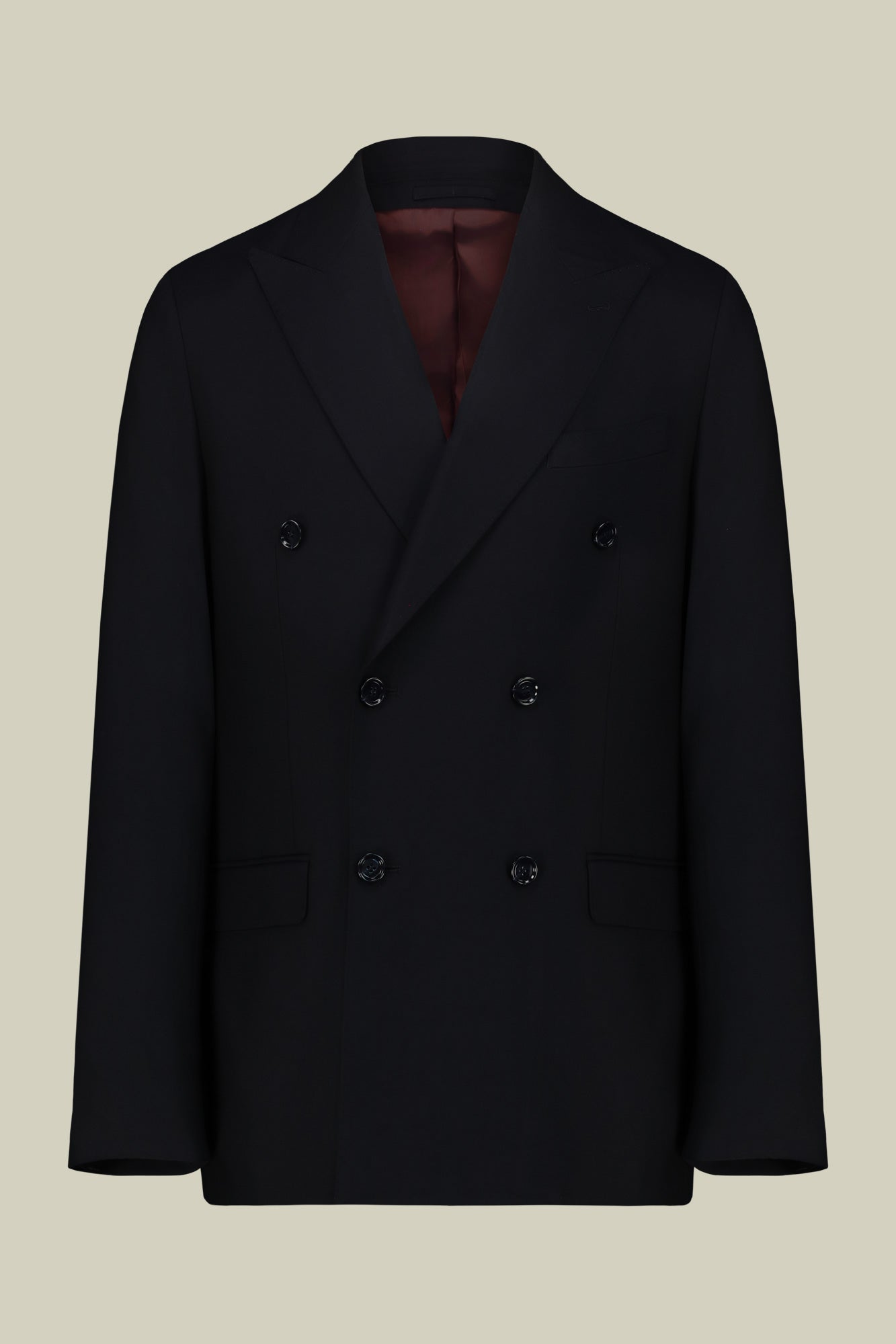 Men's regular fit double-breasted suit featuring a jacket with peak lapels in dobby fabric