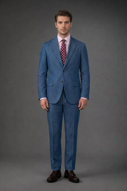 Single-breasted men's suit with classic single-pleat trousers, in pure combed wool with herringbone weave