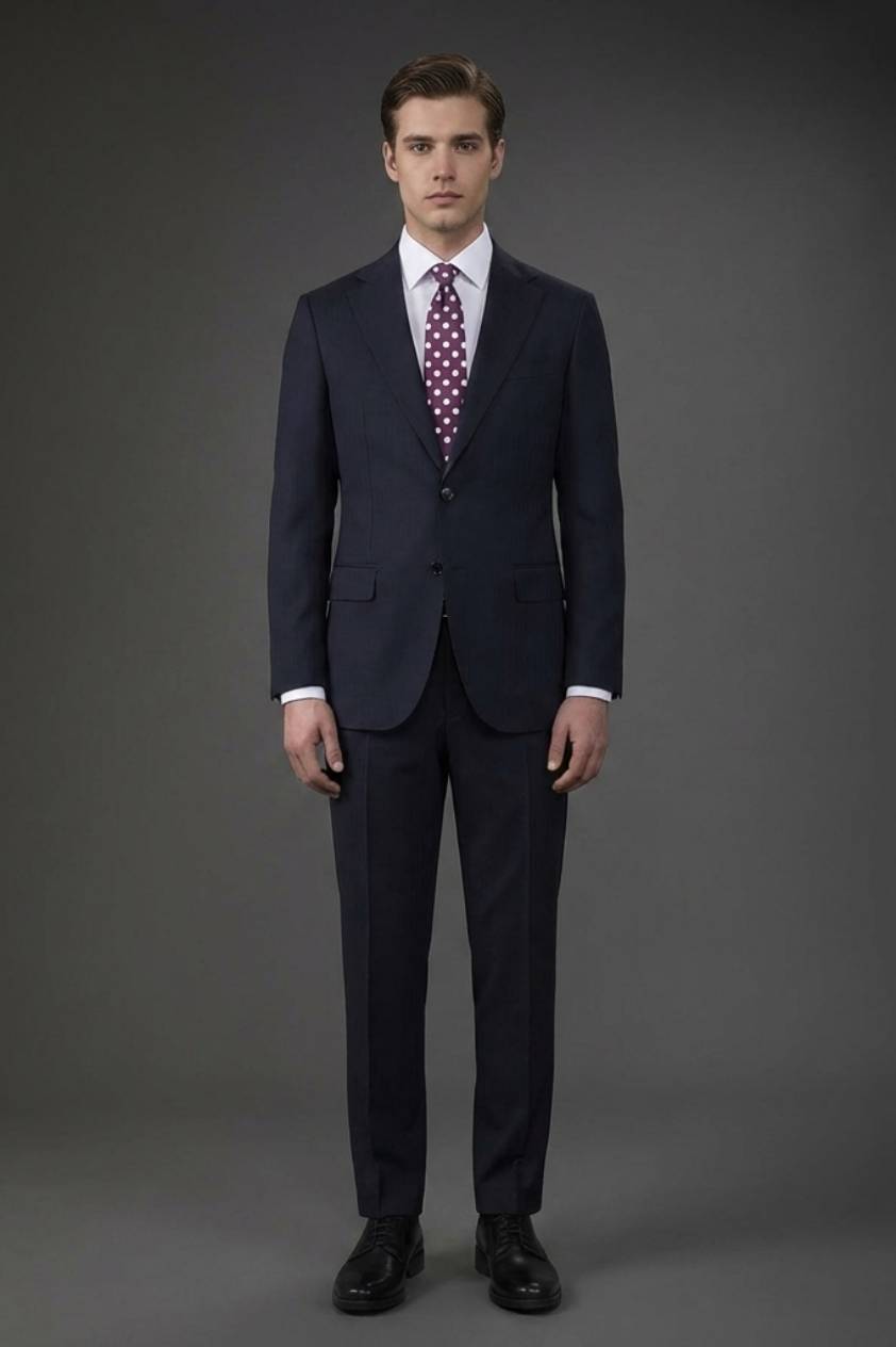 Single-breasted men's suit with classic single-pleat trousers, in pure combed wool with herringbone weave