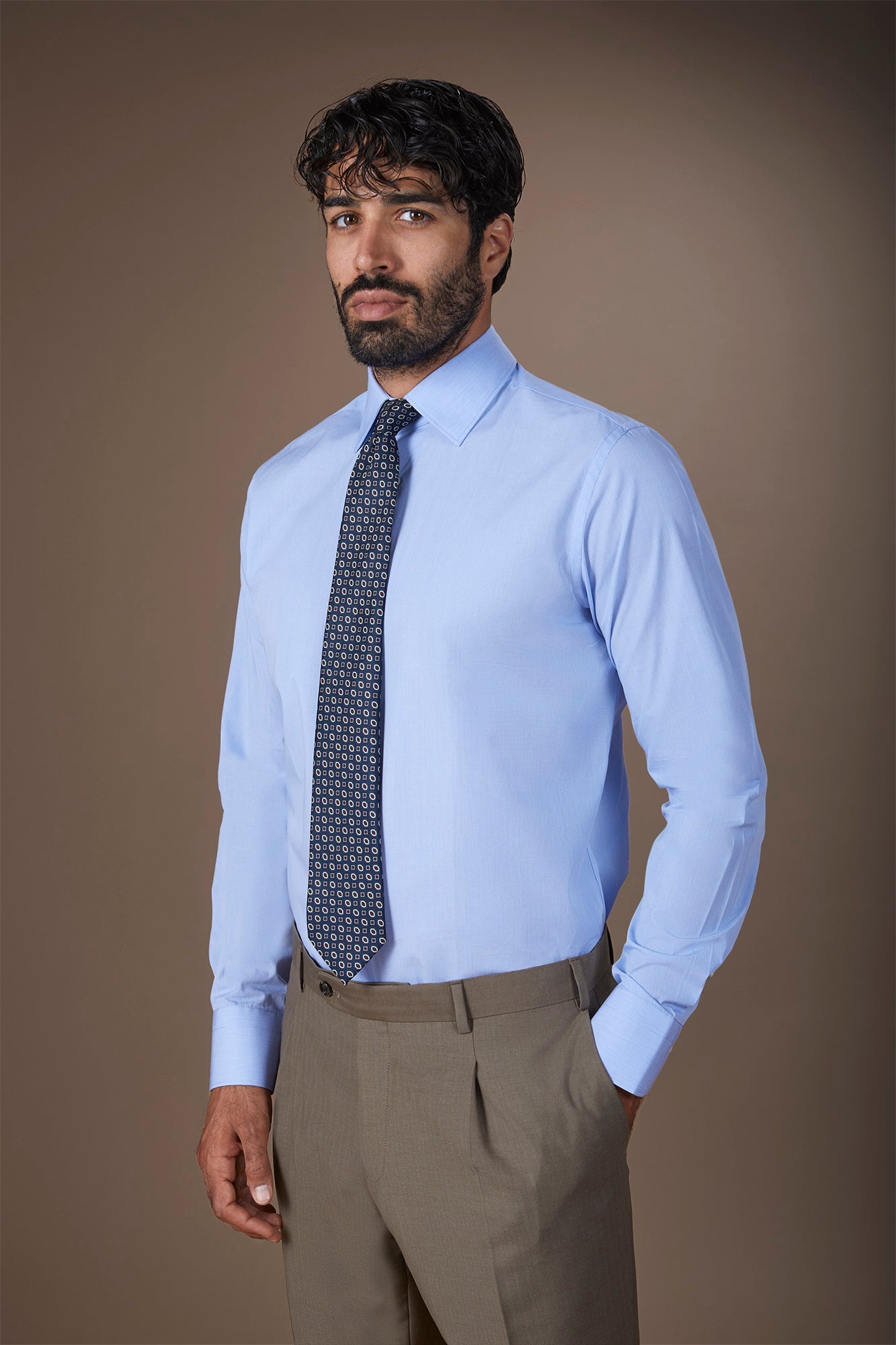 Men's shirt with classic collar in 100% cotton woven micro houndstooth pattern