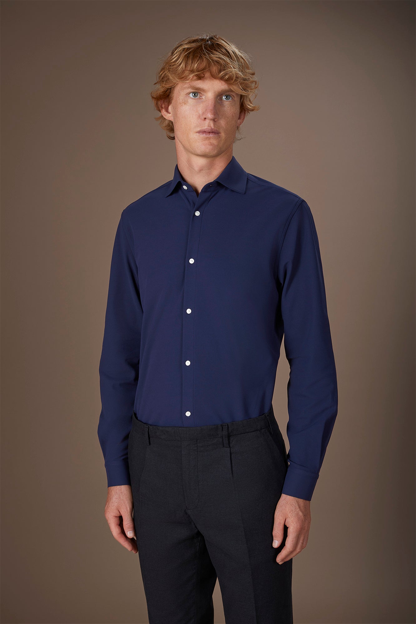 Men's stretch shirt with classic collar in Oxford fabric