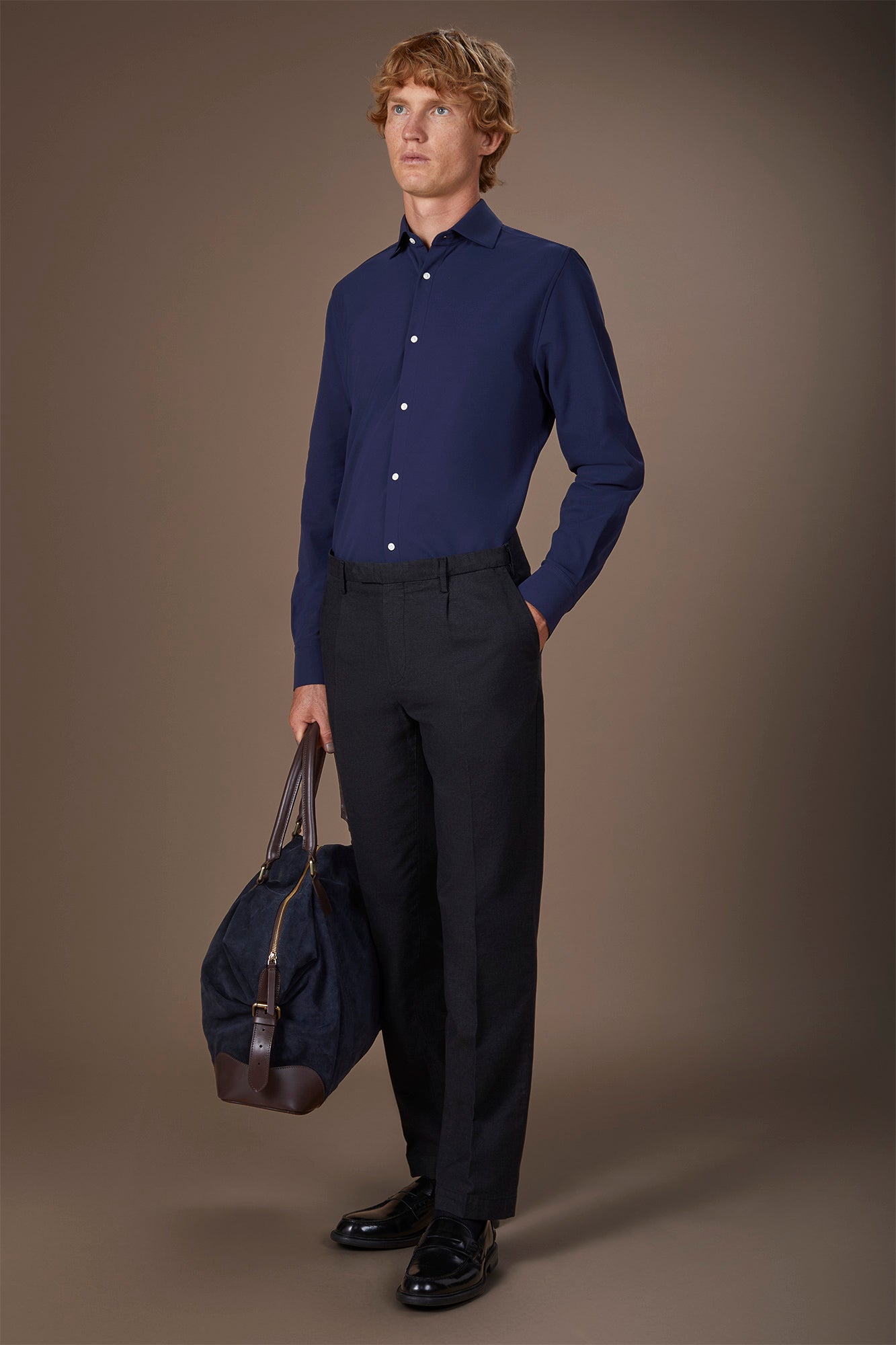Men's stretch shirt with classic collar in Oxford fabric