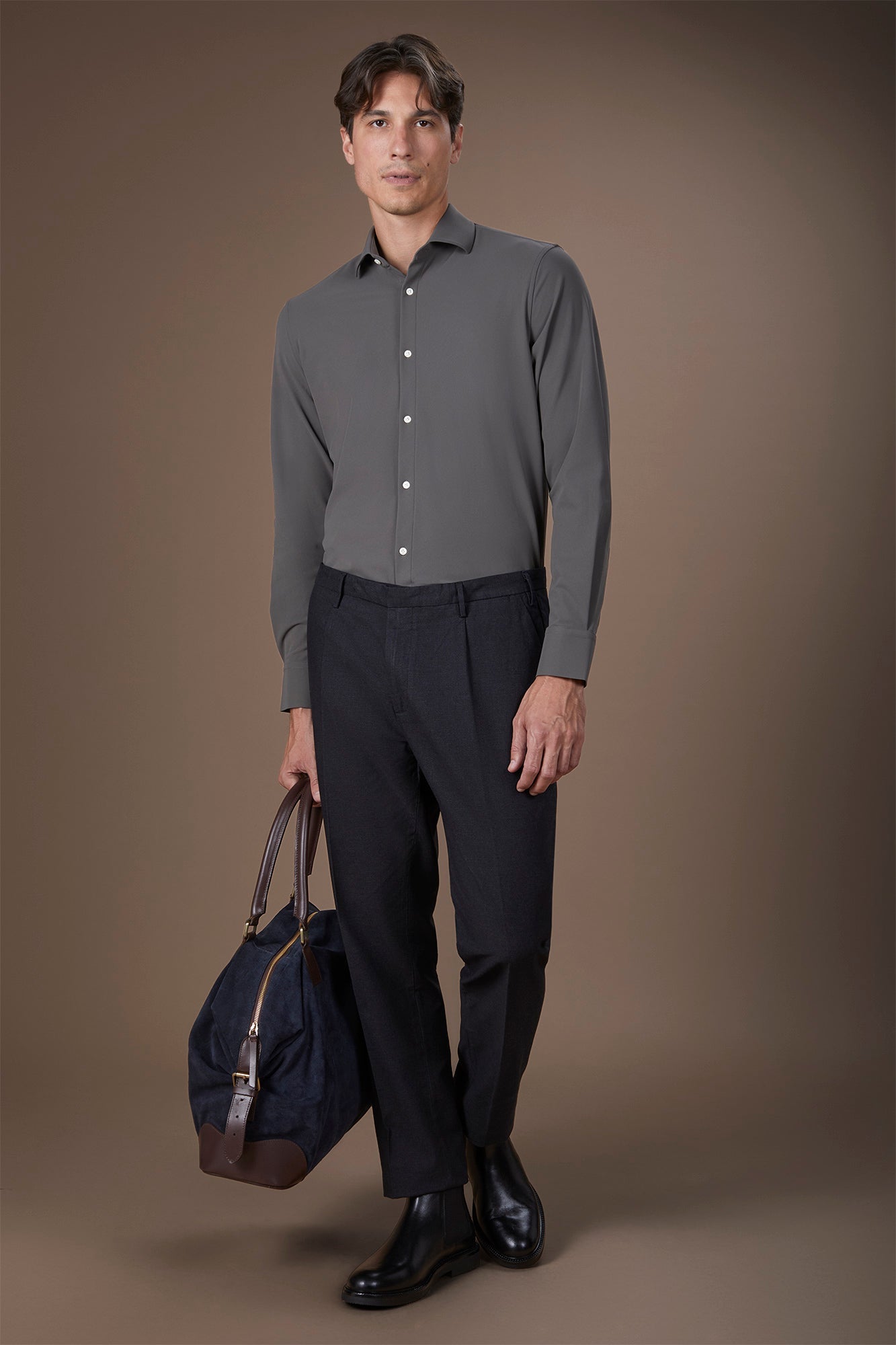 Men's stretch shirt with classic collar in Oxford fabric