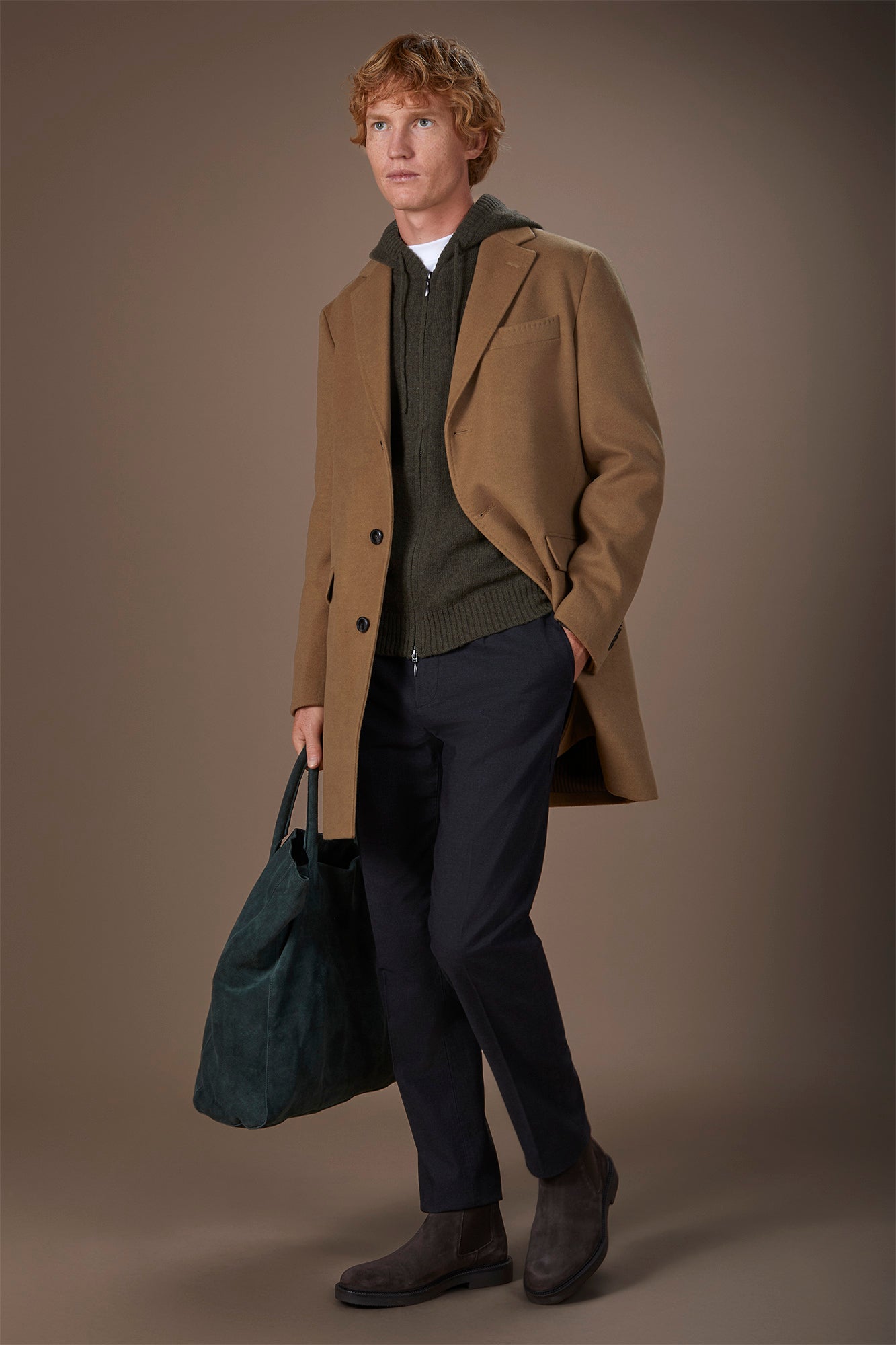 Men's single-breasted coat in regular fit velour fabric