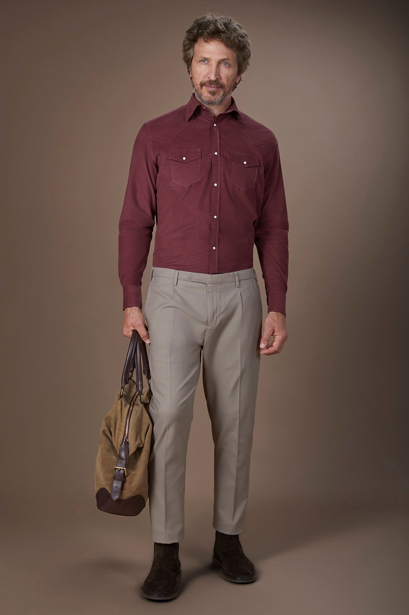 Men's casual shirt with classic collar 100% cotton 1000 striped velvet fabric plain colour