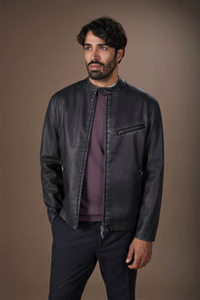 Men's faux leather biker jacket with Korean collar regular fit