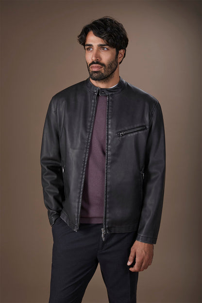 Men's faux leather biker jacket with Korean collar regular fit