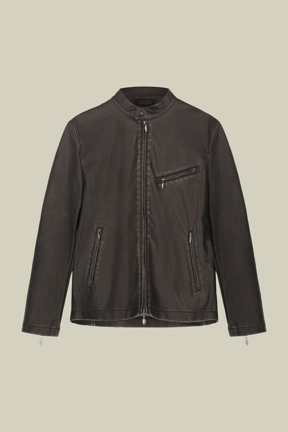 Men's faux leather biker jacket with Korean collar regular fit