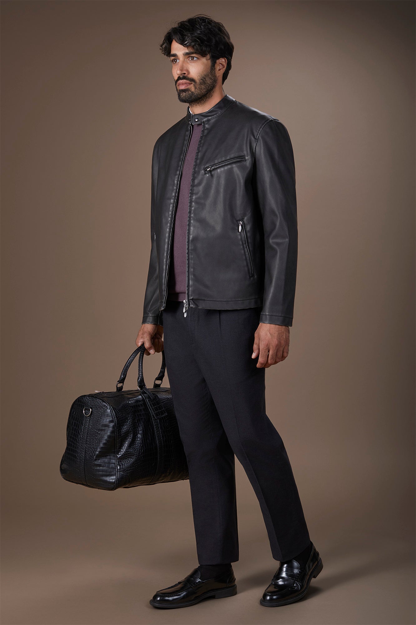 Men's faux leather biker jacket with Korean collar regular fit