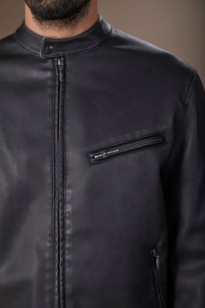 Men's faux leather biker jacket with Korean collar regular fit
