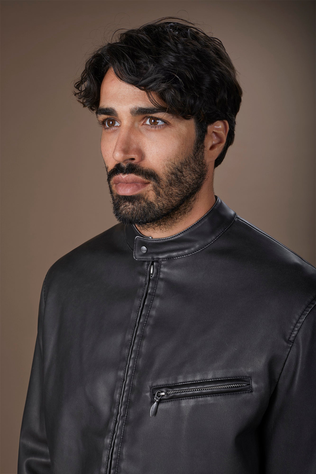 Men's faux leather biker jacket with Korean collar regular fit