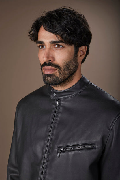 Men's faux leather biker jacket with Korean collar regular fit