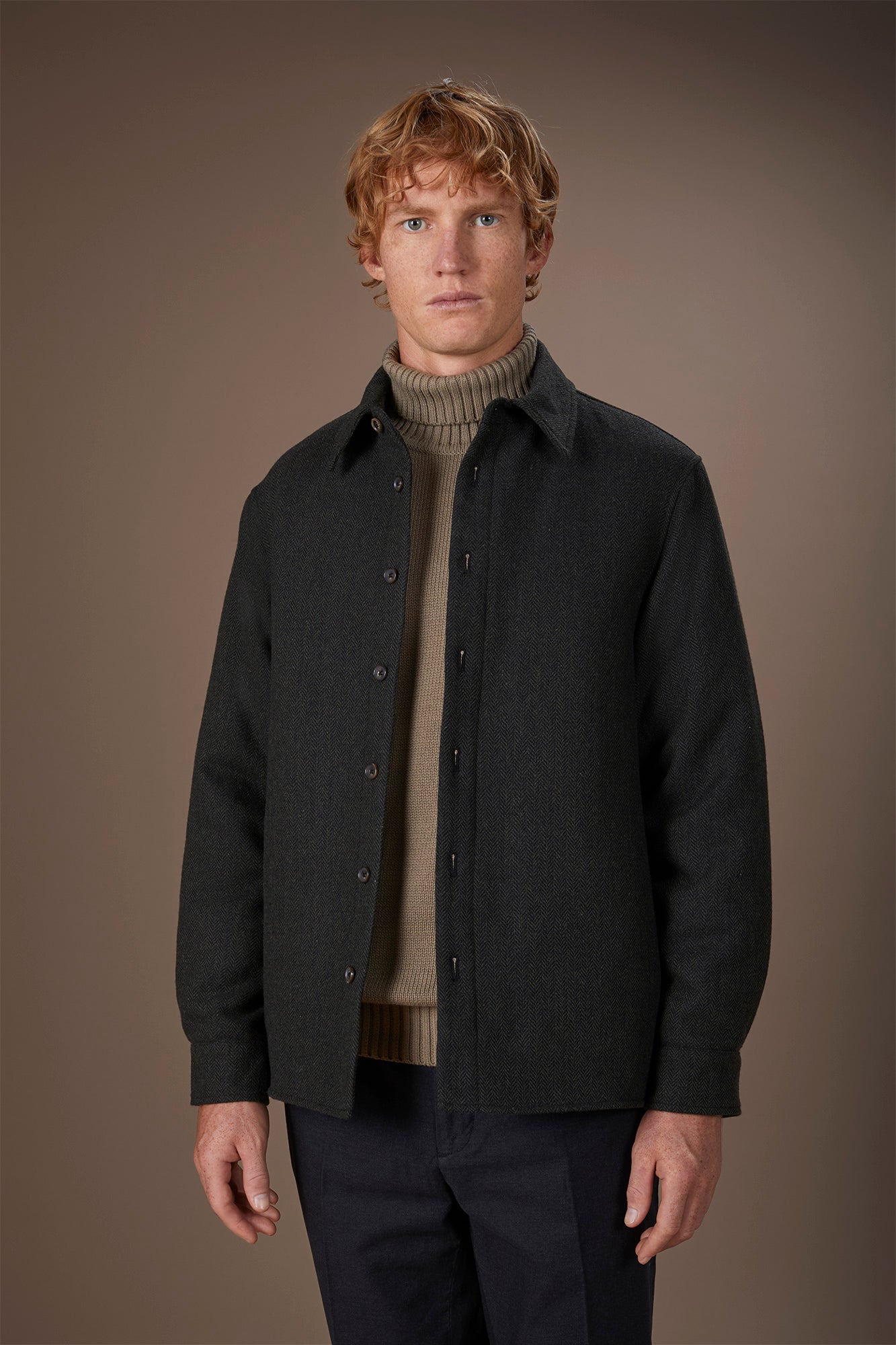 Men's regular fit overshirt in herringbone wool blend fabric