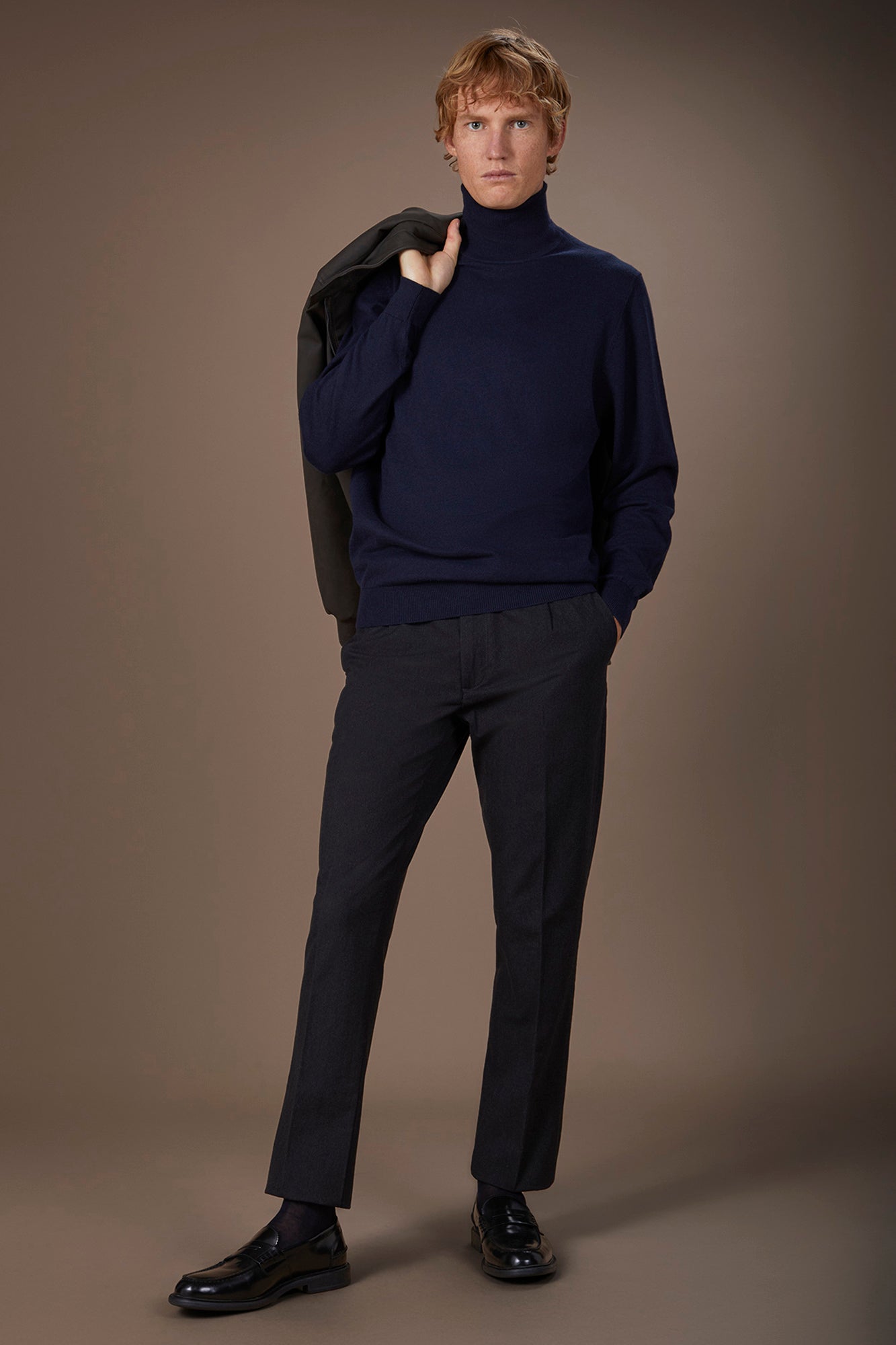 Men's regular fit high neck jumper in wool and cotton