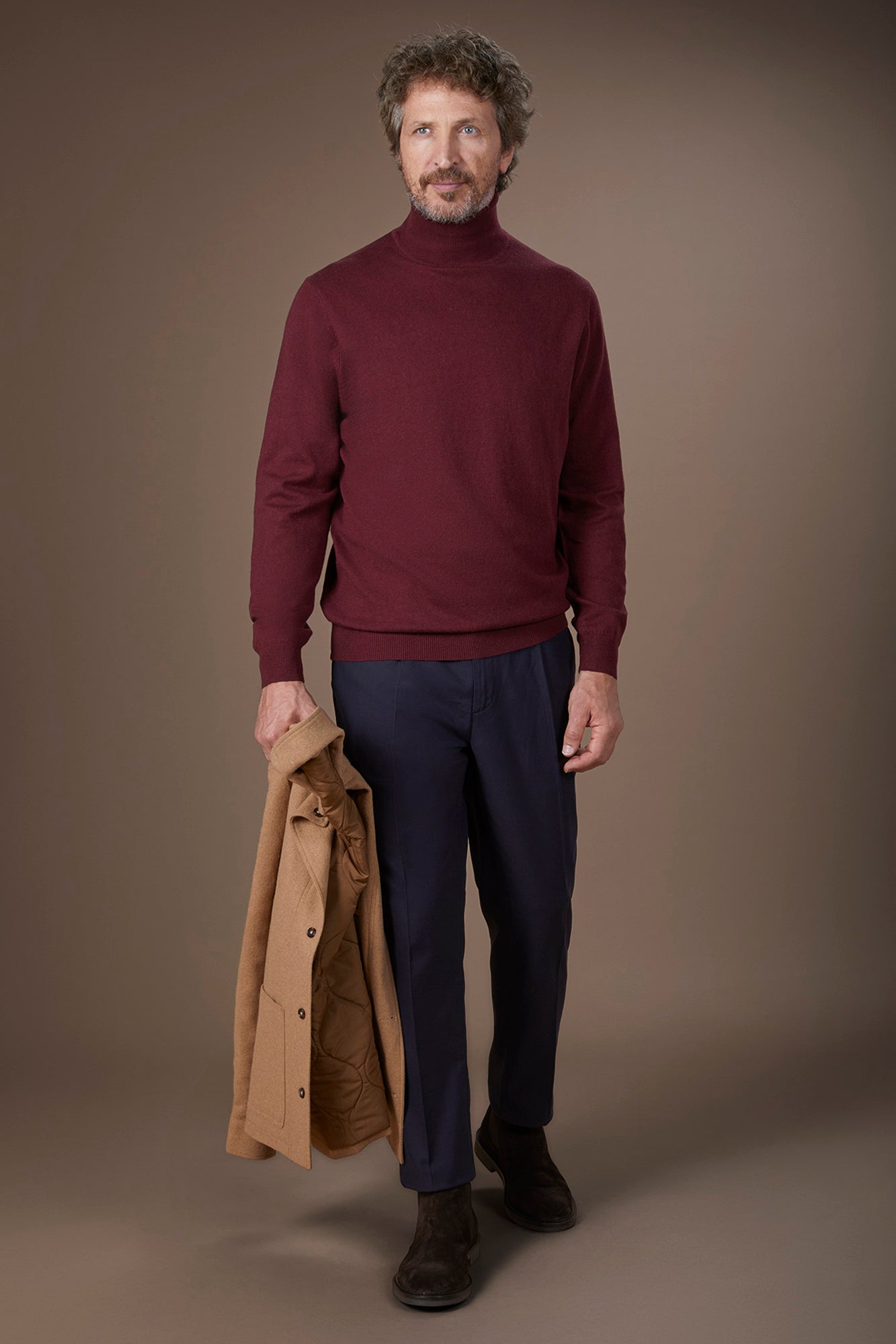 Men's regular fit high neck jumper in wool and cotton