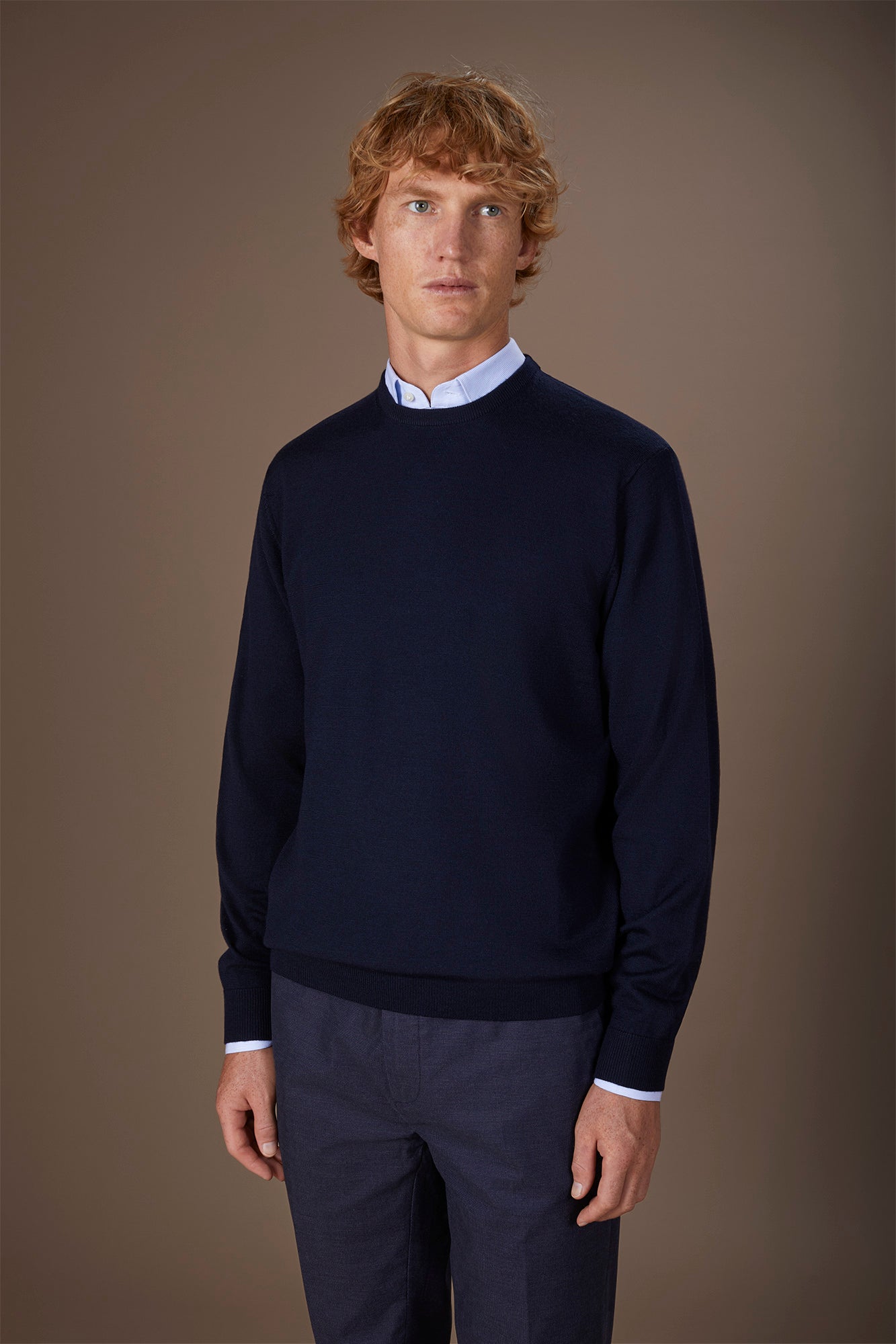 Men's regular fit crew neck jumper in 100% extra fine merino wool