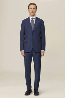 Men's pinstripe suit with double-pleated trousers and peak lapel jacket