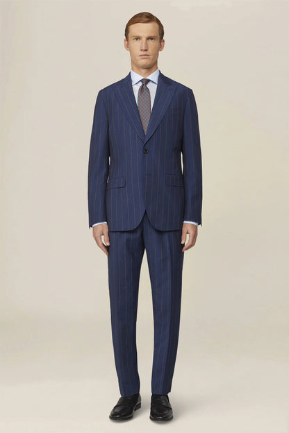 Men's pinstripe suit with double-pleated trousers and peak lapel jacket