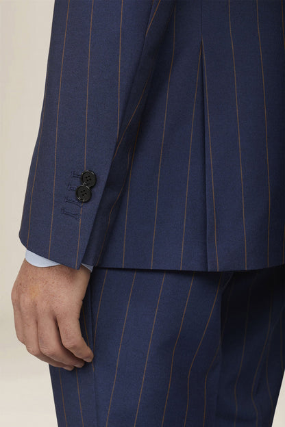 Men's pinstripe suit with double-pleated trousers and peak lapel jacket