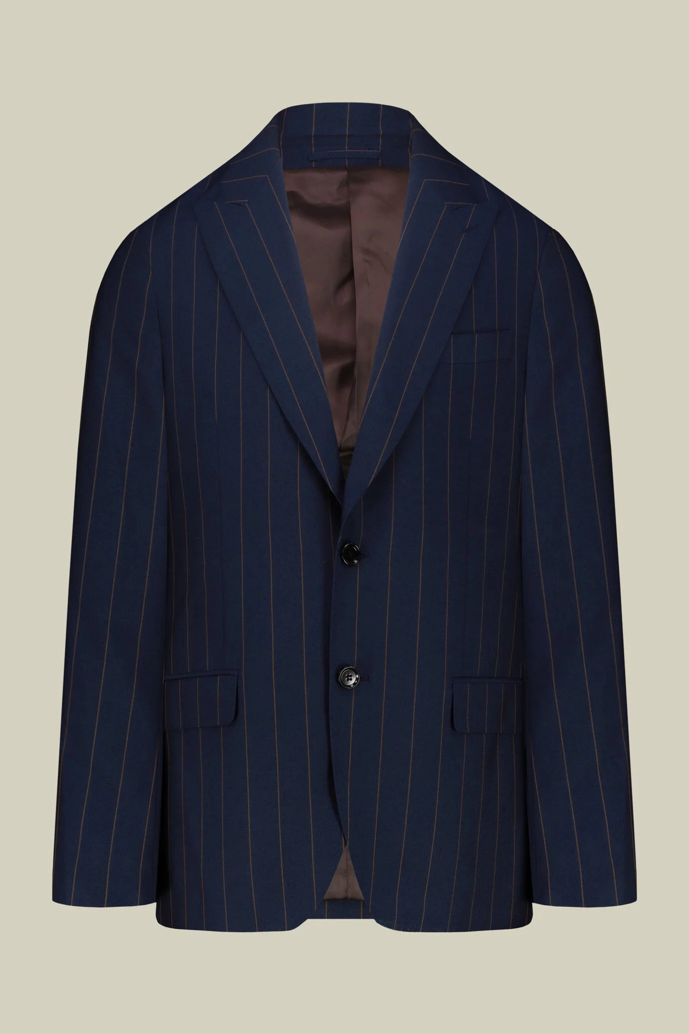 Men's pinstripe suit with double-pleated trousers and peak lapel jacket