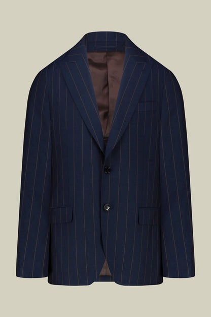 Men's pinstripe suit with double-pleated trousers and peak lapel jacket