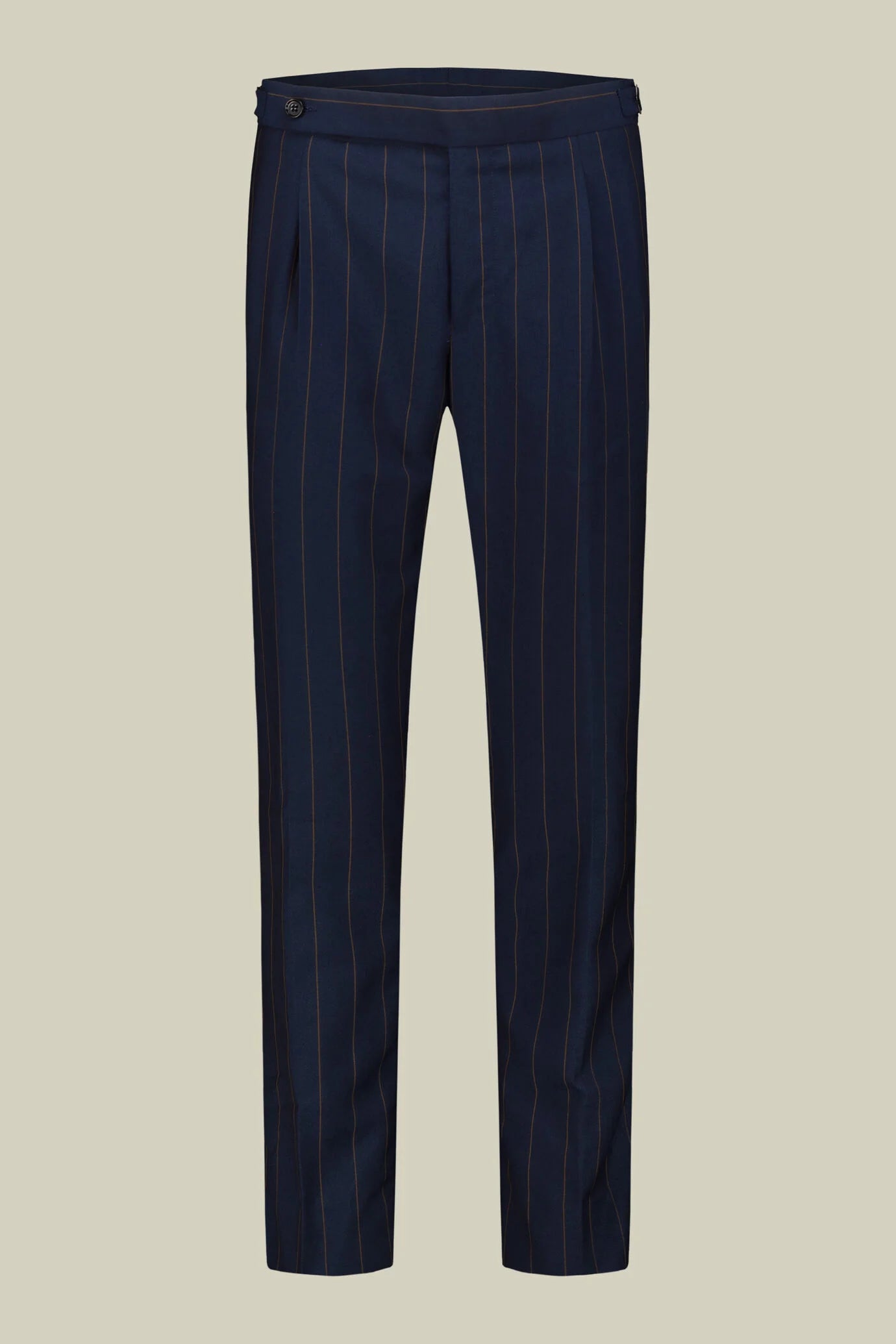 Men's pinstripe suit with double-pleated trousers and peak lapel jacket