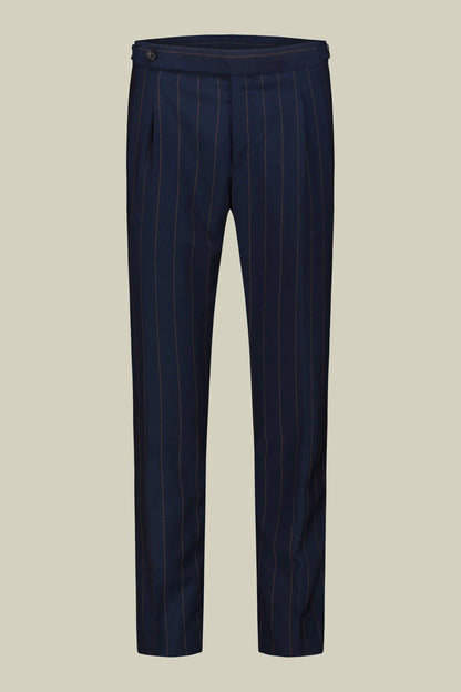 Men's pinstripe suit with double-pleated trousers and peak lapel jacket