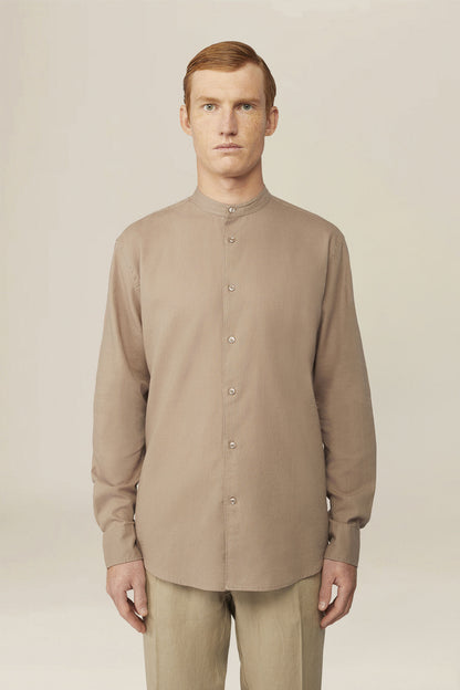 Casual men's shirt with mandarin collar and half button fastening, washed linen and cotton fabric