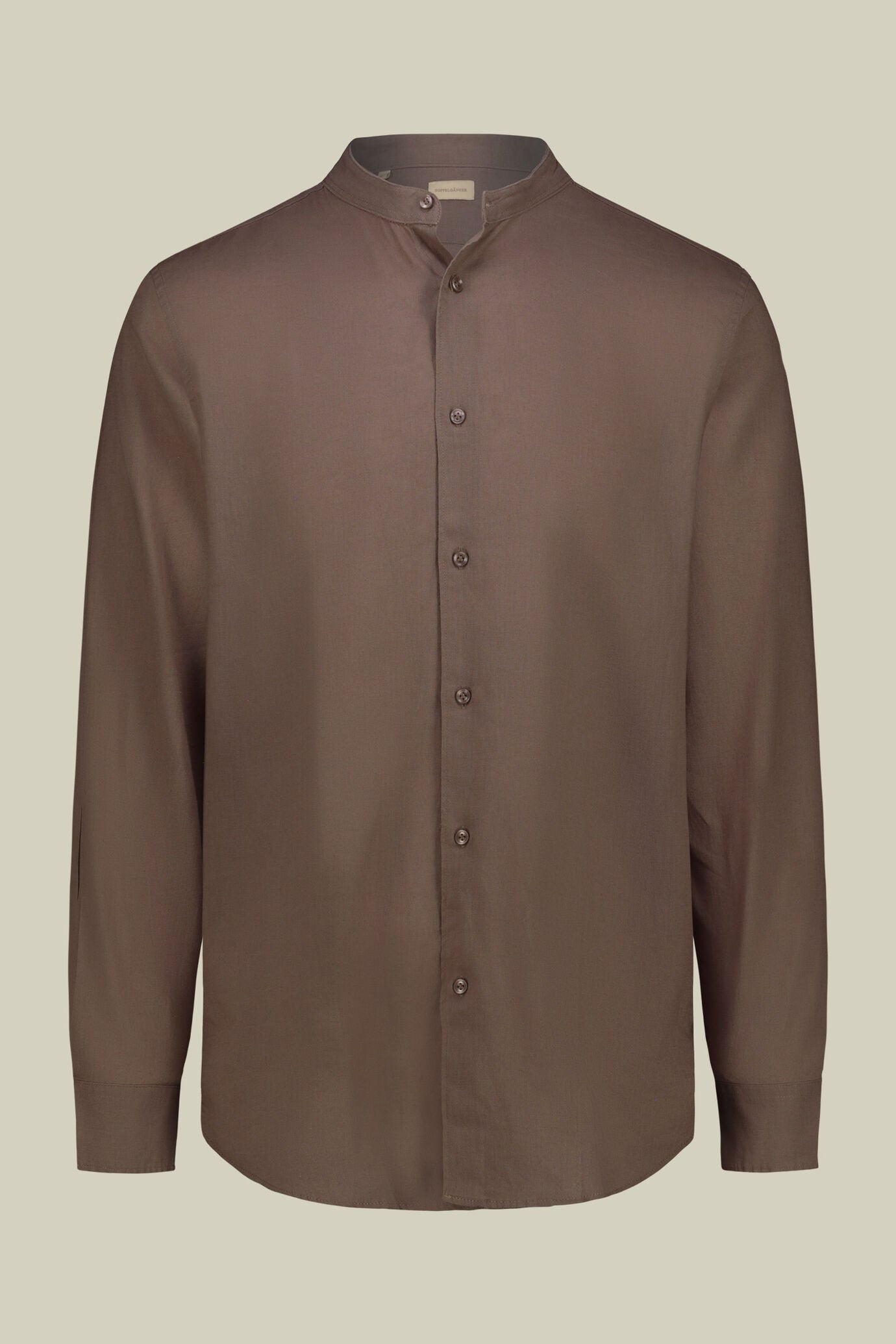 Casual men's shirt with mandarin collar and half button fastening, washed linen and cotton fabric